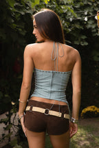 WRANGLER Washed PU Leather Longline Halter Corset Top