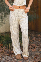 LYNN Floral Print Pointelle Soft High Waist Lace Trim Pants