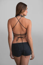 LYLA Distressed Leather Studded Halter Top