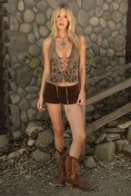 CARLEY Floral Emboss Denim Halter Top