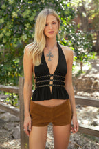 INDIE Split Front Studded Open Back Halter Top