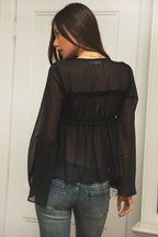 SOLENE Sheer Chiffon Front Tie Flare Long Sleeve Top