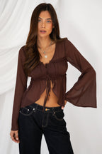 SOLENE Sheer Chiffon Front Tie Flare Long Sleeve Top