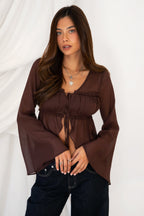 SOLENE Sheer Chiffon Front Tie Flare Long Sleeve Top