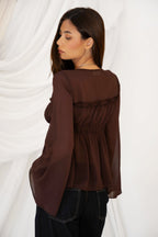 SOLENE Sheer Chiffon Front Tie Flare Long Sleeve Top