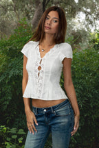 SERENITY Embroidered Lace Trim Short Sleeve Blouse