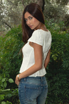 SERENITY Embroidered Lace Trim Short Sleeve Blouse
