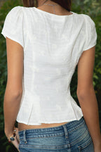 SERENITY Embroidered Lace Trim Short Sleeve Blouse