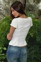SERENITY Embroidered Lace Trim Short Sleeve Blouse