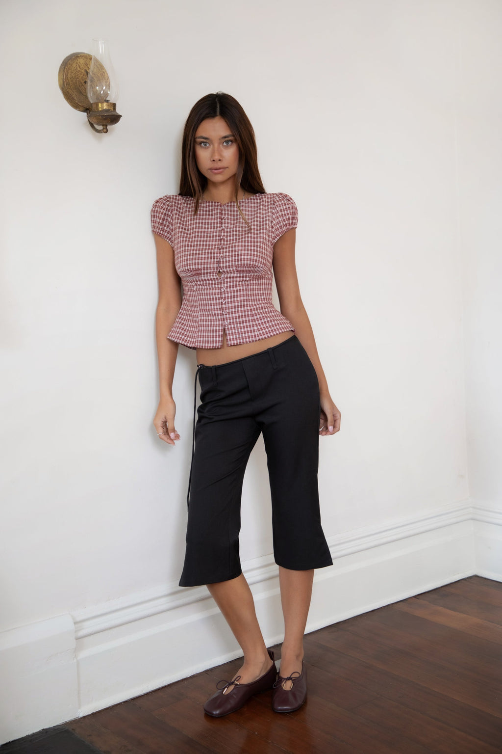 DARIS Gingham Puff Sleeve Cropped Top