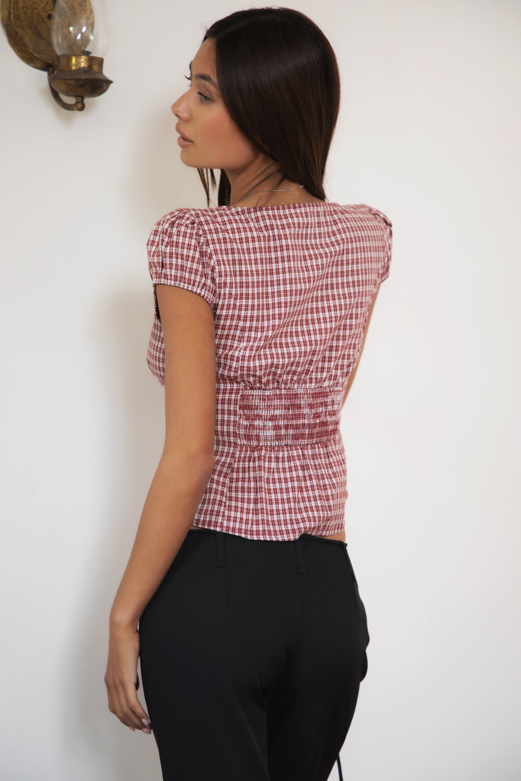 DARIS Gingham Puff Sleeve Cropped Top