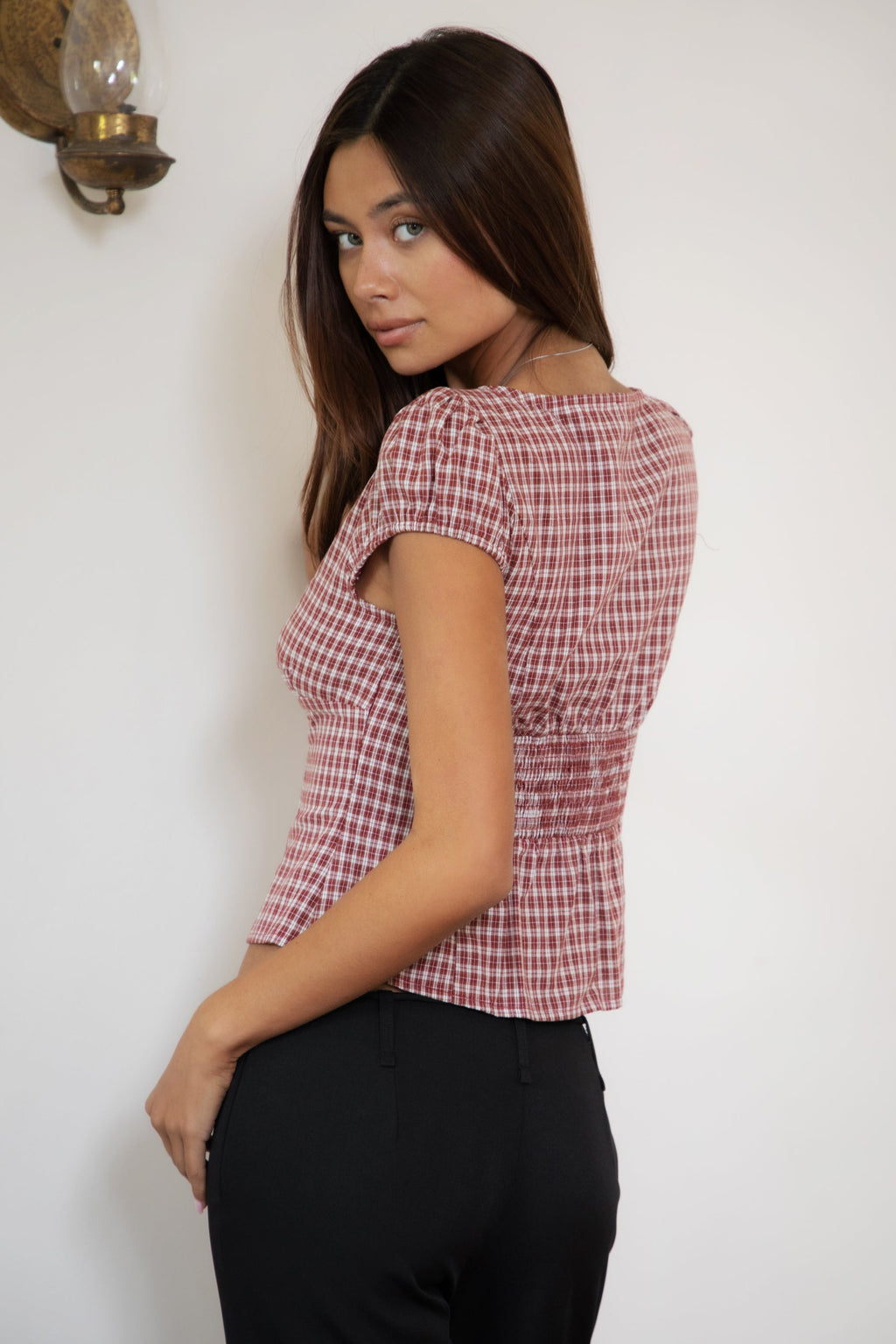 DARIS Gingham Puff Sleeve Cropped Top