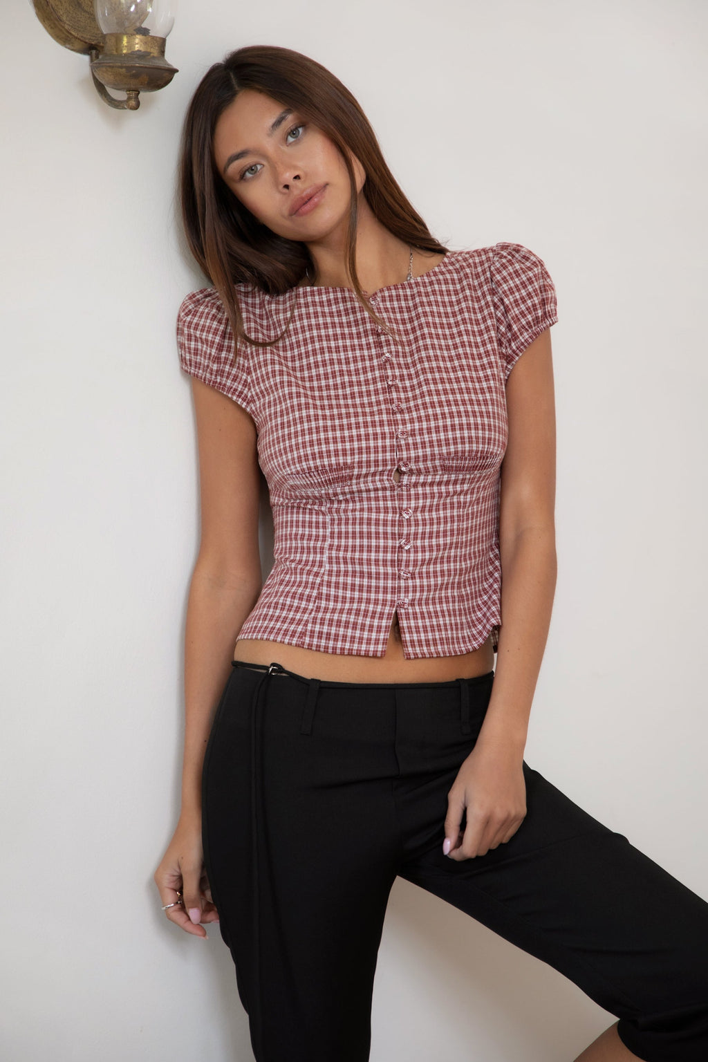 DARIS Gingham Puff Sleeve Cropped Top