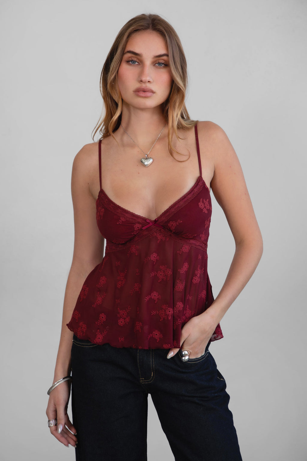 LAURIEL Embroidered Mesh Cami Top