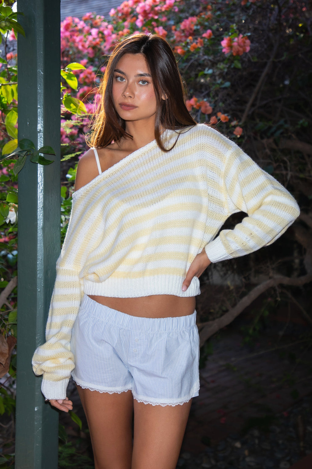 PAISEY Striped Sweater Knit Off The Shoulder Sweater