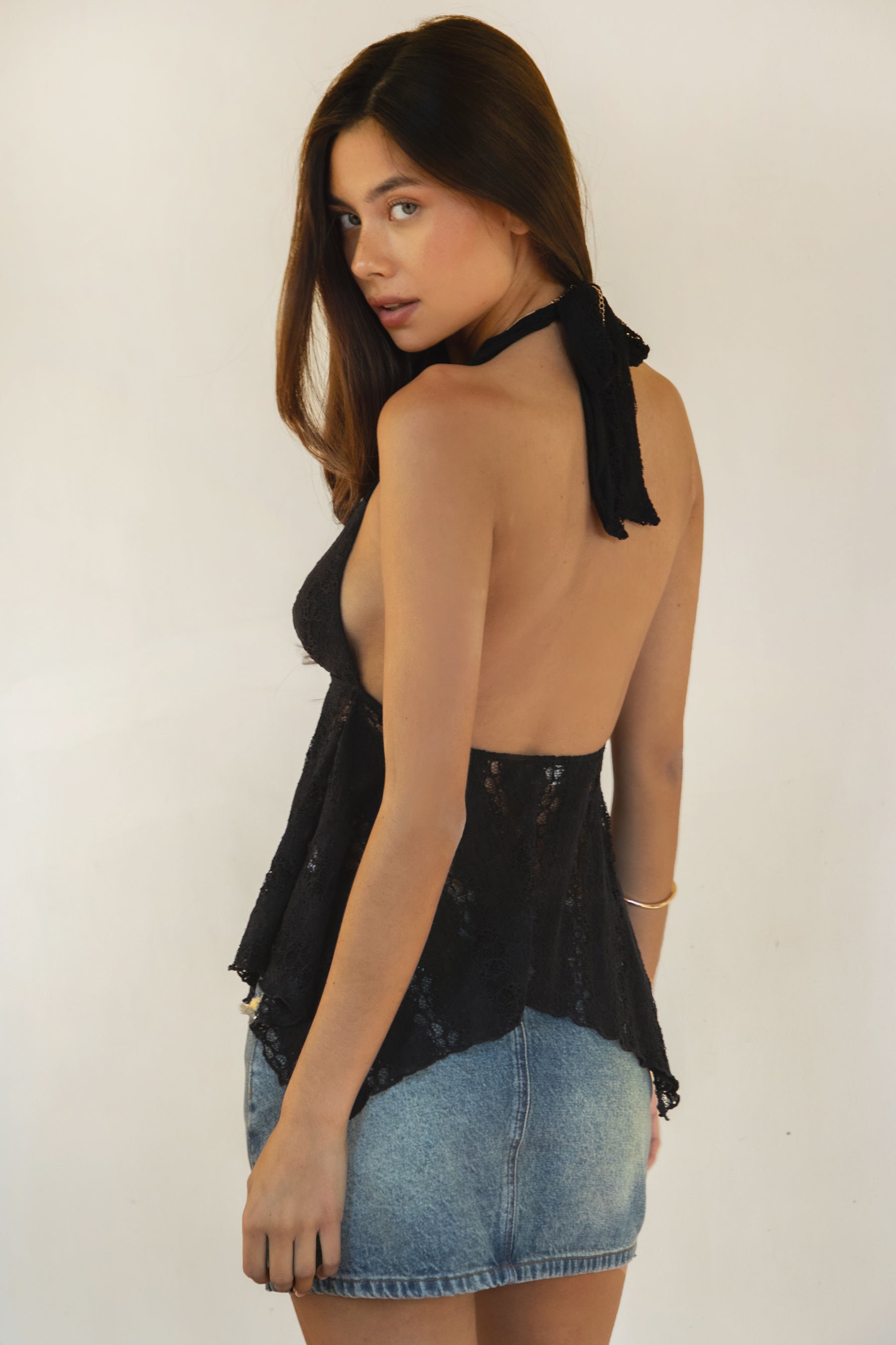 LOVELLE Deep V-Neck Lace Halter Babydoll Top