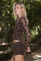 VIVIANA Floral Flocked Mesh Long Sleeve Top