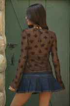 LINETTE Floral Flocked Mesh Long Sleeve Top