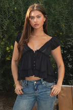 AVELINE V-Neck Boho Lace Trim Babydoll Top