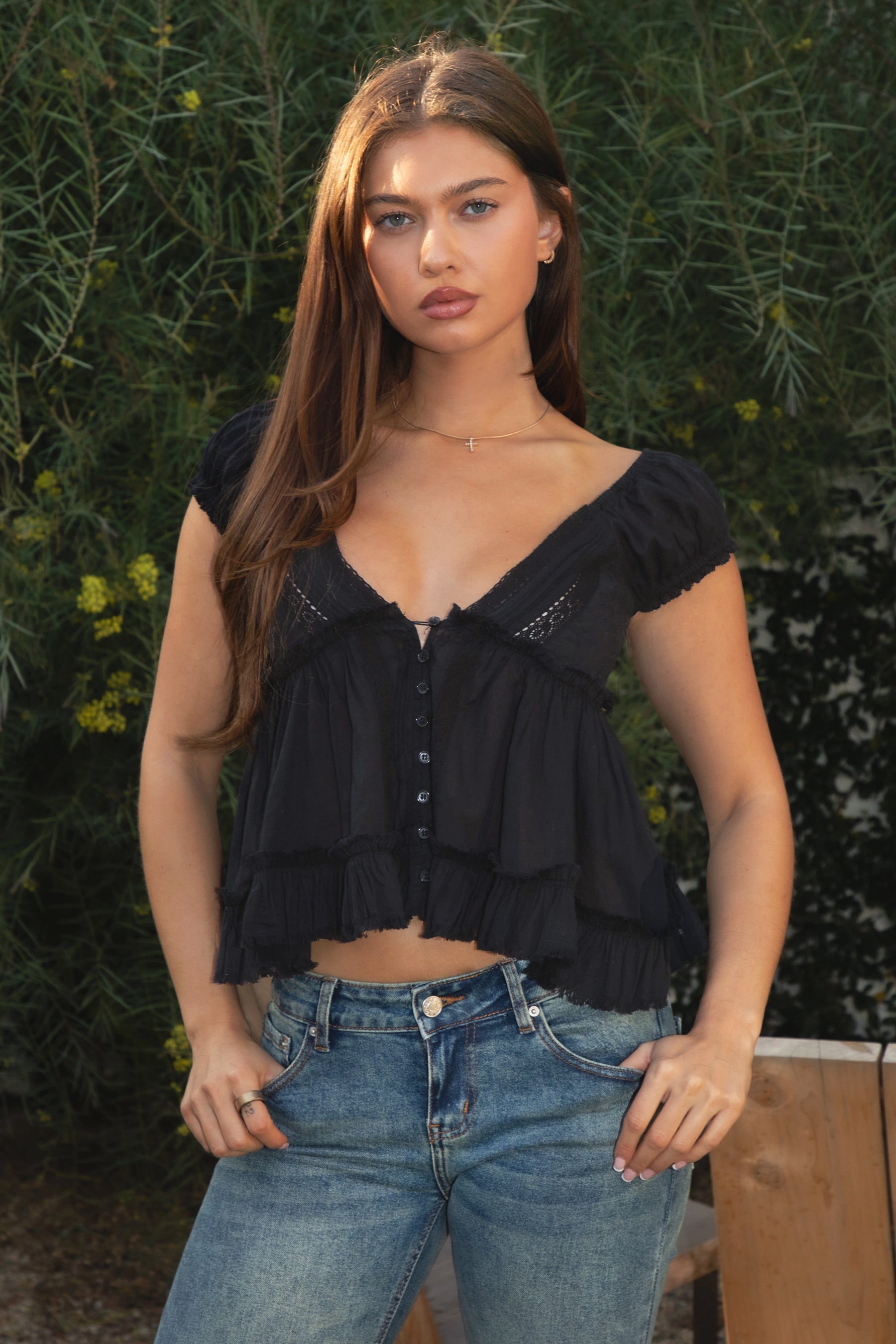 AVELINE V-Neck Boho Lace Trim Babydoll Top