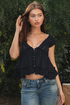 AVELINE V-Neck Boho Lace Trim Babydoll Top