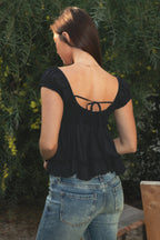 AVELINE V-Neck Boho Lace Trim Babydoll Top