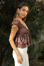 AVELINE V-Neck Boho Lace Trim Babydoll Top