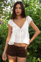 AVELINE V-Neck Boho Lace Trim Babydoll Top