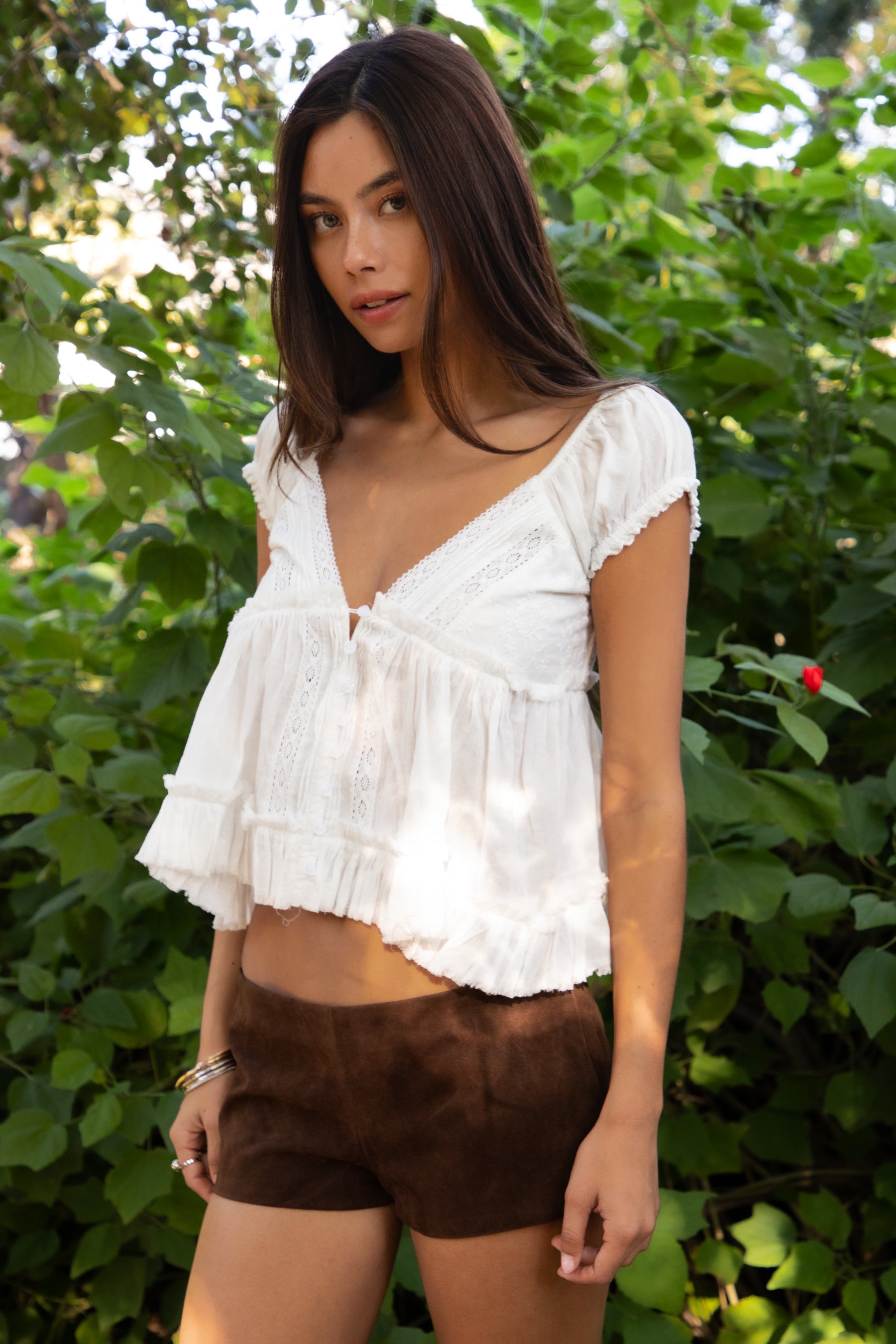 AVELINE V-Neck Boho Lace Trim Babydoll Top