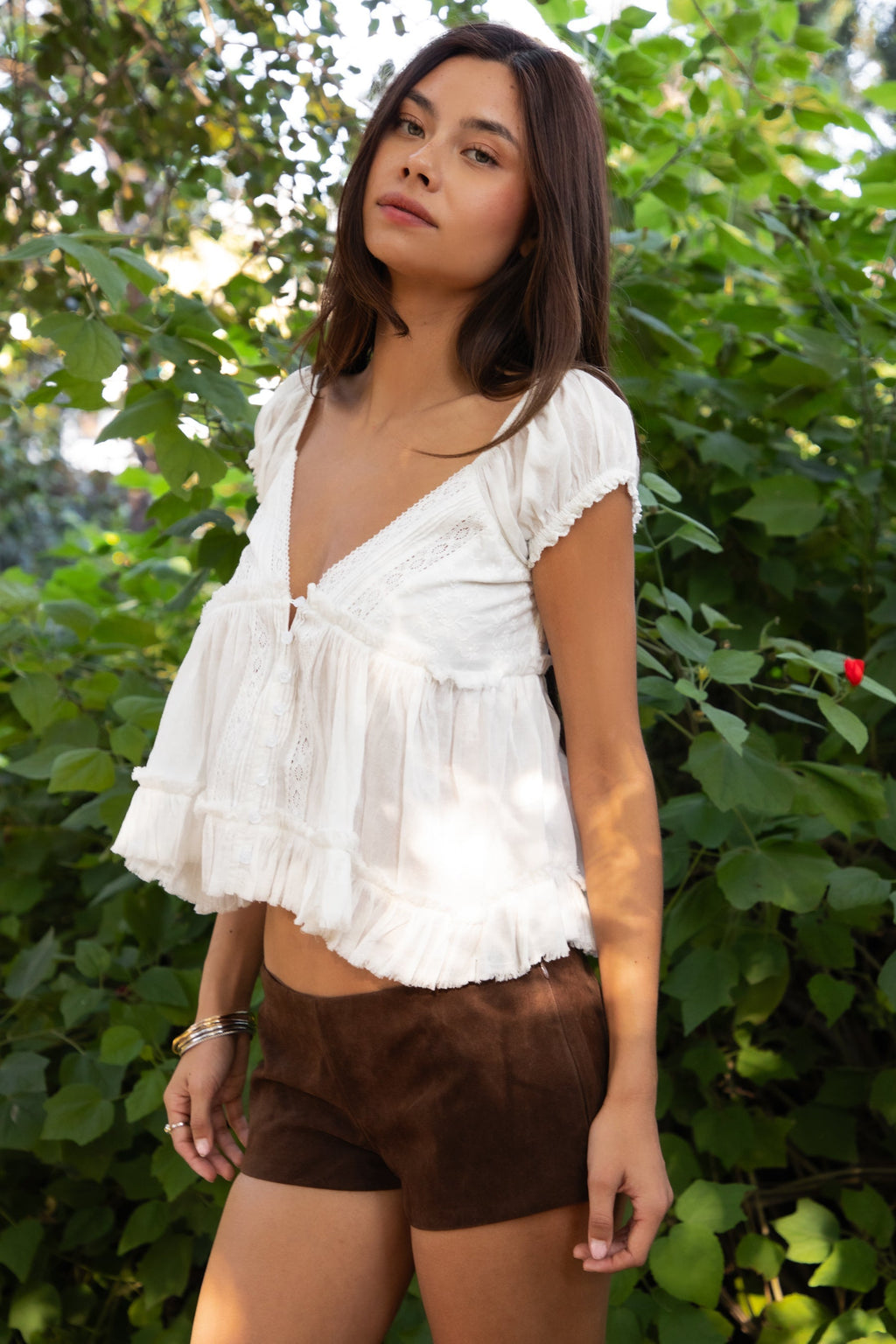 AVELINE V-Neck Boho Lace Trim Babydoll Top