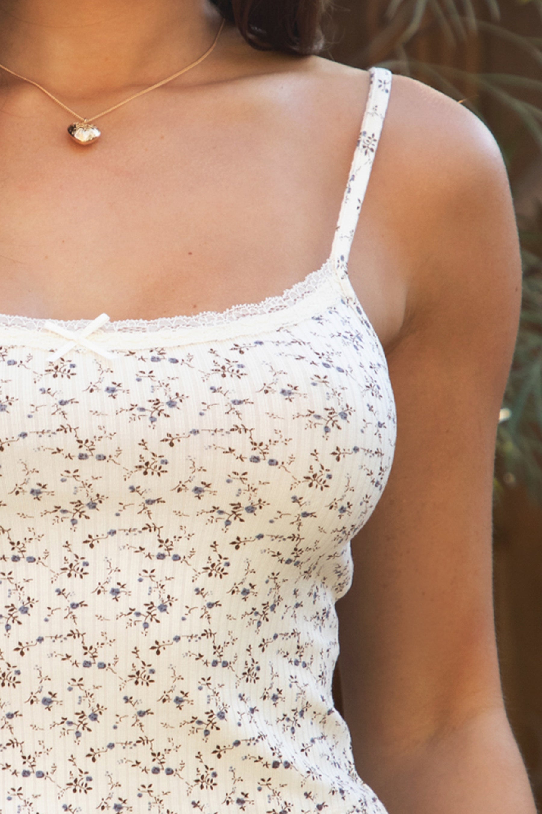 LYNN Floral Pointelle Lace Trim Slim Cropped Lounge Cami Top