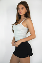 ROMIE V-Neck Spaghetti Strap Picot Trim Tank Top