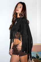 STALLION Faux Suede Cropped Flowy Fringe Poncho