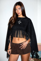 STALLION Faux Suede Cropped Flowy Fringe Poncho