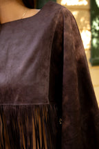 STALLION Faux Suede Cropped Flowy Fringe Poncho