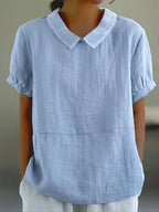 Women’s Linen Short Sleeve Blouse with Peter Pan Collar for Everyday Wear