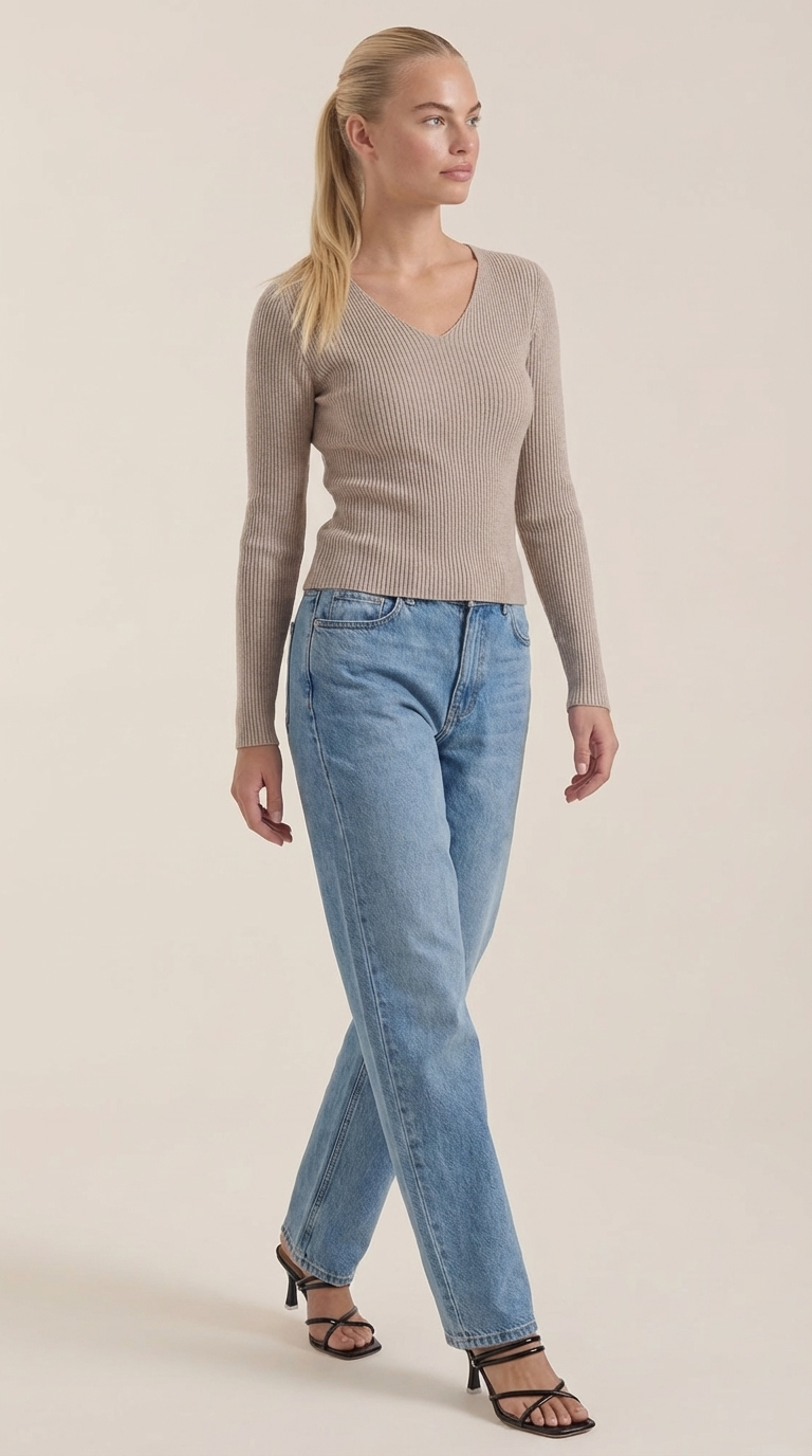Michelle Ribbed V-Neck Sweater