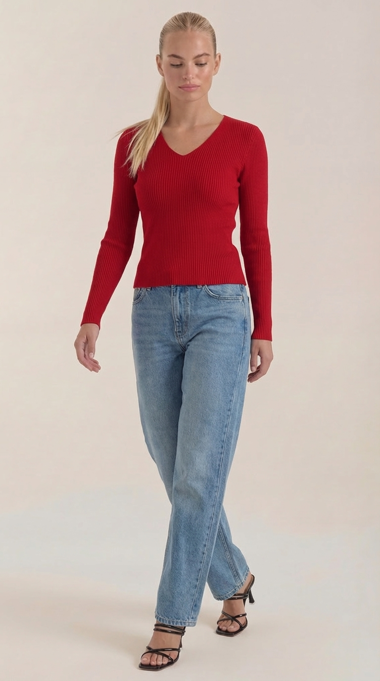 Michelle Ribbed V-Neck Sweater