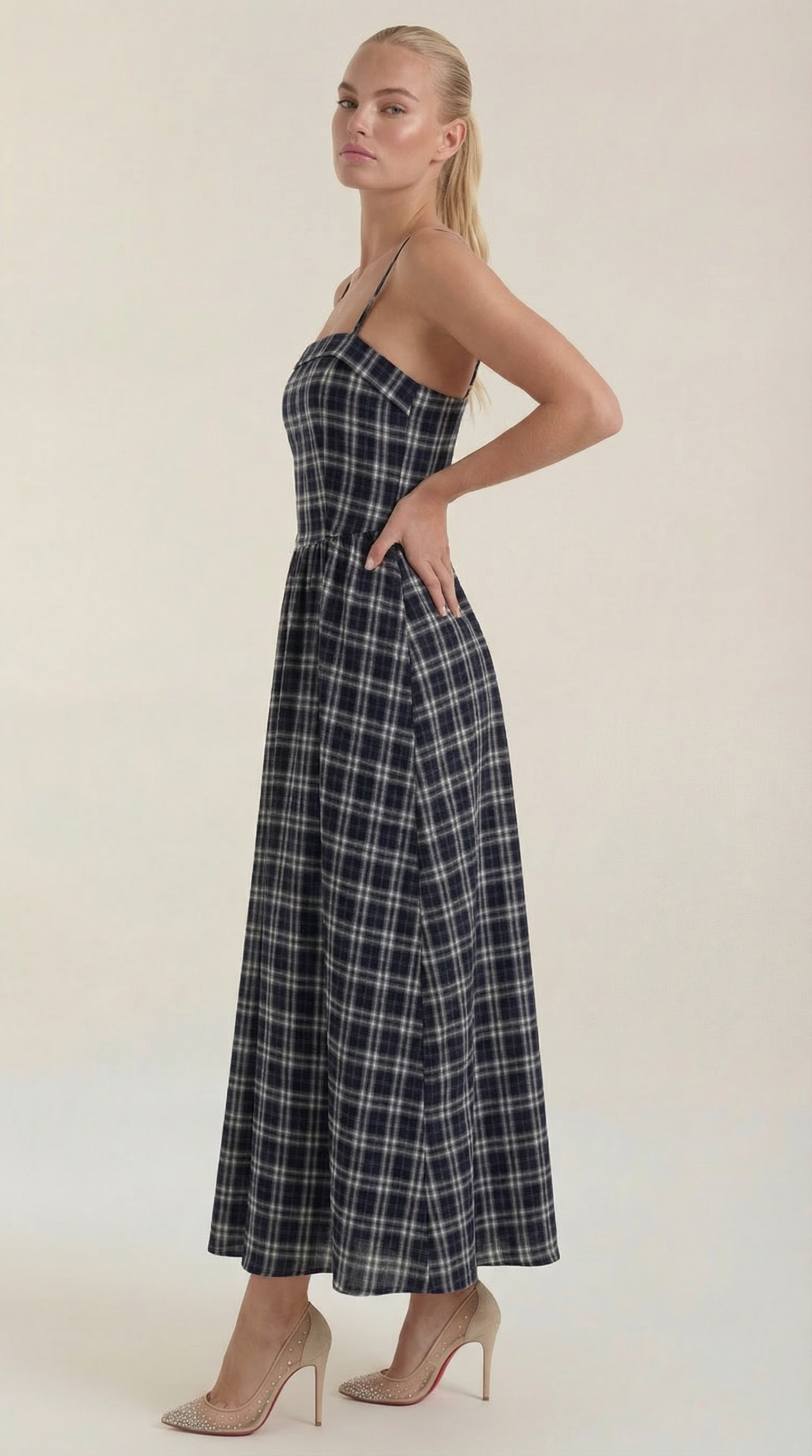 Ronda Square Neck Plaid Midi Sundress