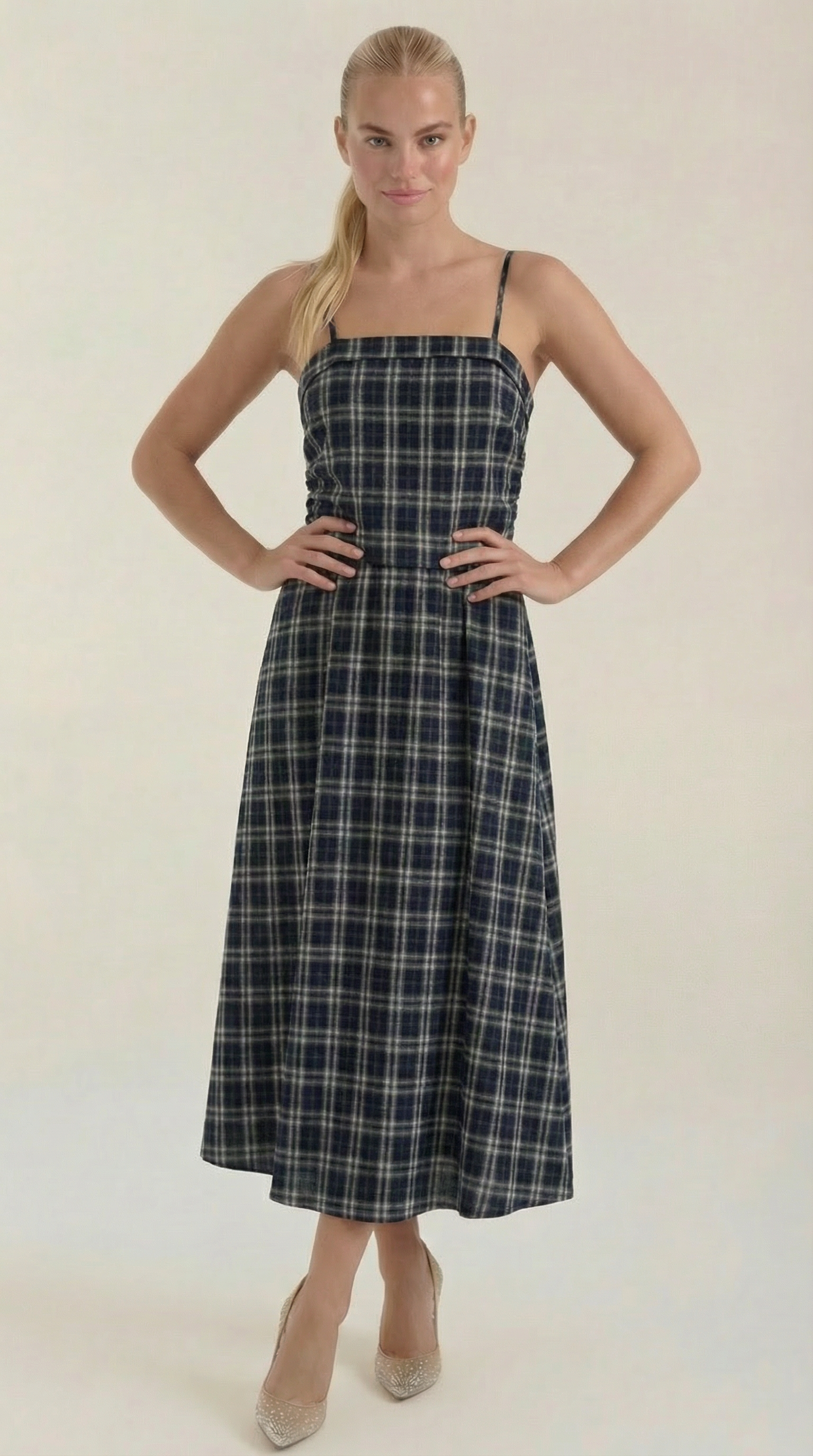 Ronda Square Neck Plaid Midi Sundress