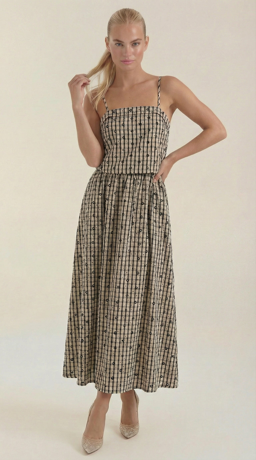 Ronda Square Neck Plaid Midi Sundress
