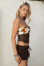 WILDRA Distressed PU & Faux Fur Bustier Top