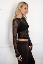 MIRELLE Stretch Sheer Lace Long Sleeve Top